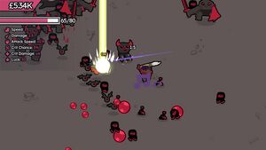 Screenshot of combat, Artist main character stands in the middle of a hoard of enemies, using a large laser to kill enemies